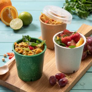 three multiway-cups (one cup has a lid), filled with healthy food.