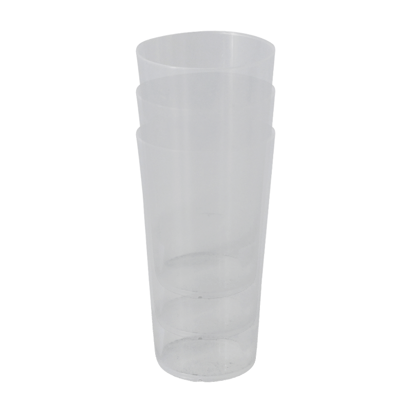 Stacked reusable clear cups for cold drinks