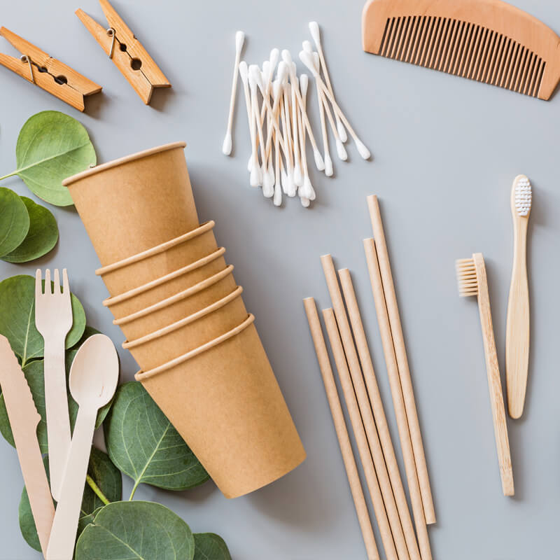 Sustainable products: Cups, ear swabs, toothbrushes, cutlery, clips