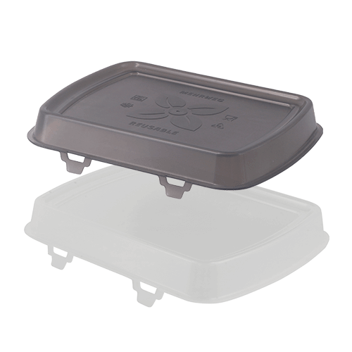 The biobased lids for the reusable "Häppy Box" meal containers are easy to attach and remove for dishwasher cleaning. These lids securely seal the food for transport, ensuring it stays safe and intact. When closed, the reusable boxes can be stacked neatly and without slipping. The lids are available in gray and transparent versions.