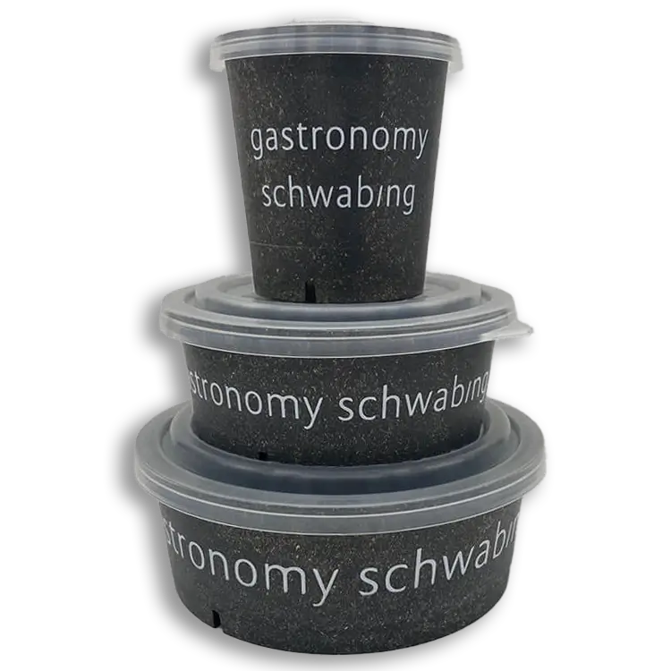 Contenants réutilisables gris imprimés avec "gastronomy schwabing"