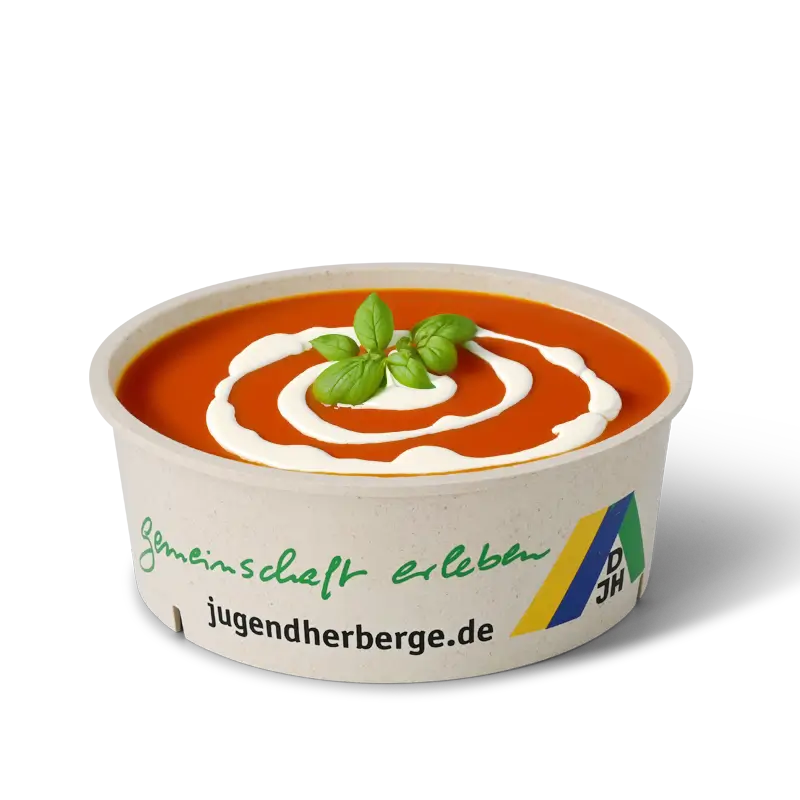 Reusable bowl filled with soup, printed with the logo of the German Youth Hostel Association
