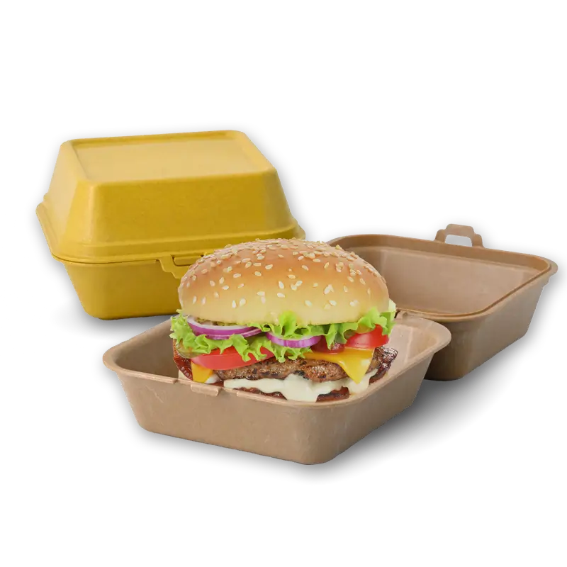 Zwei gefärbte Mehrweg-Burger-Boxen, die hintere ist geschlossen, die vordere offen mit einem Cheeseburger gefüllt