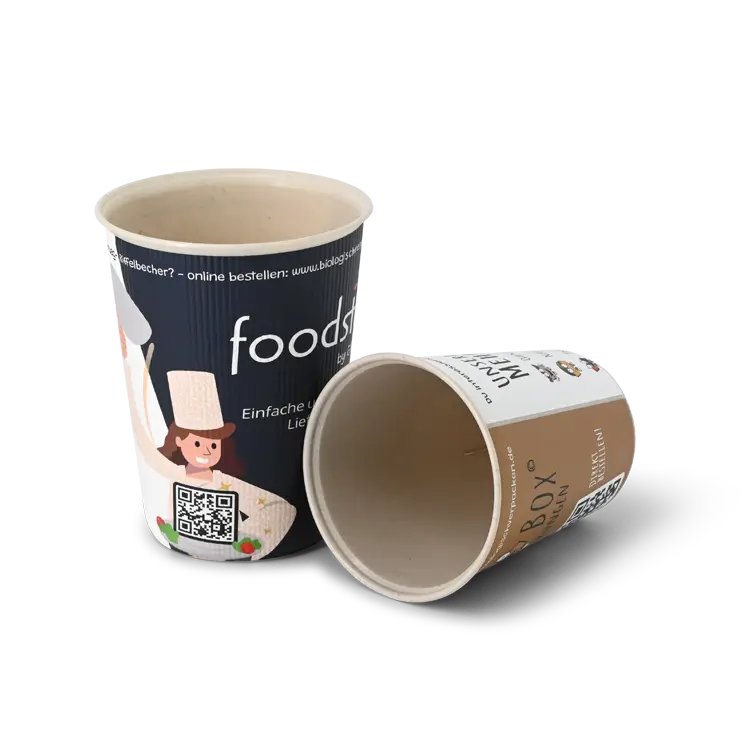 Reusable corrugated cups with full-surface printing, one standing and one lying down, both empty
