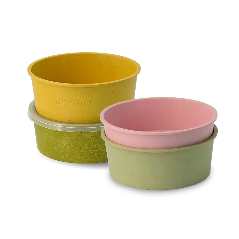Two printed reusable "Fat Monk" bowls, the front one filled with Caesar Salad